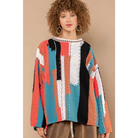POL Geometric Color Block Design Round Neckline Oversized Sweater | Red/Ivory - Picture 4 of 9